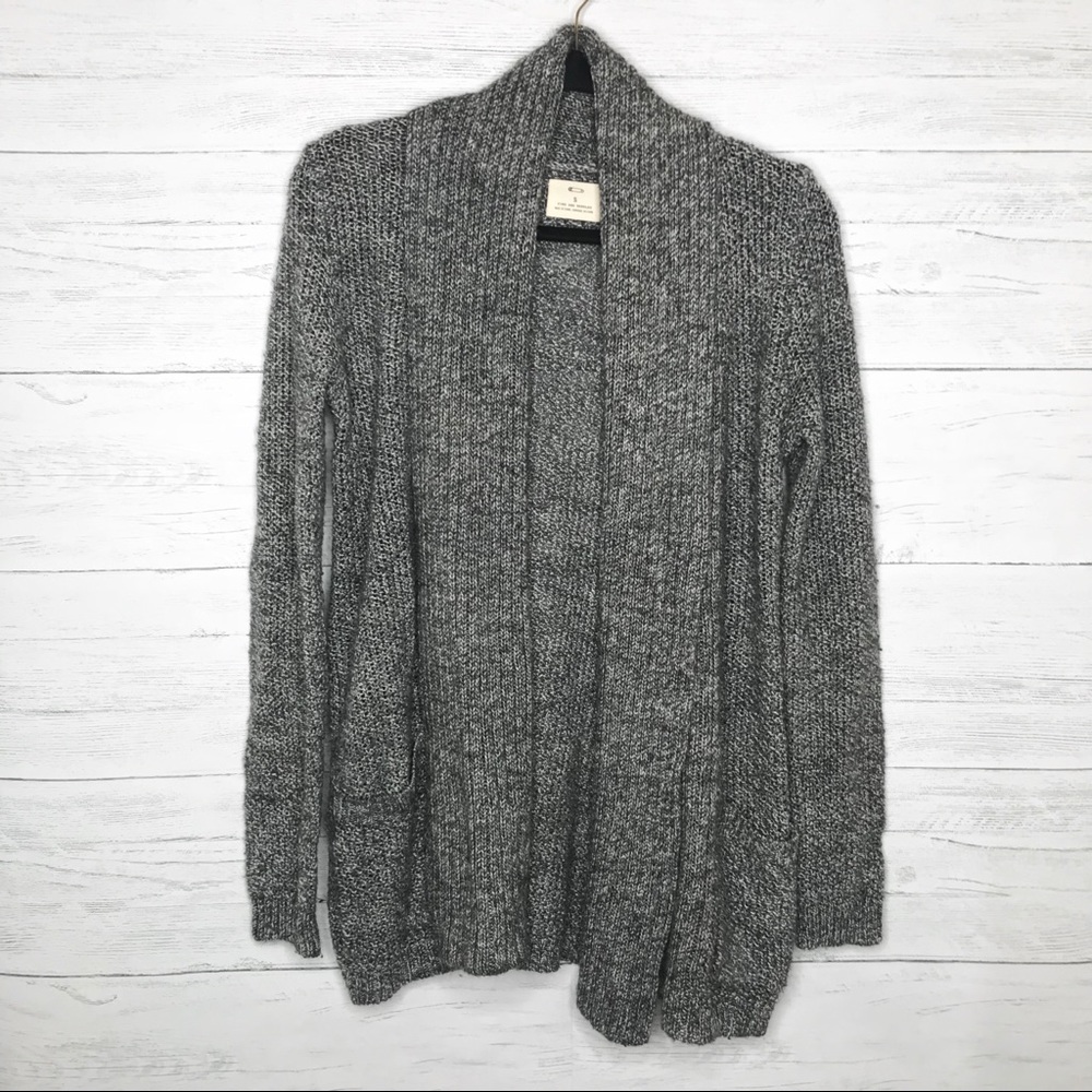 Gray Ribbed Knit Drape Open Front Cardigan